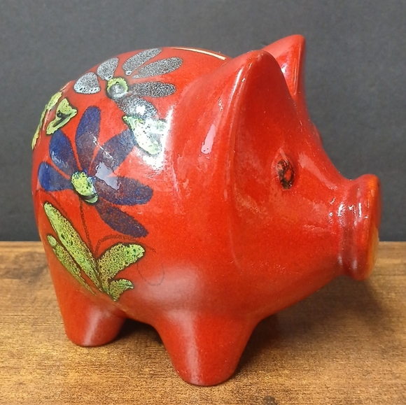 Vintage Stoneware Piggy Bank Glazed Floral Coin Container - Picture 4 of 10